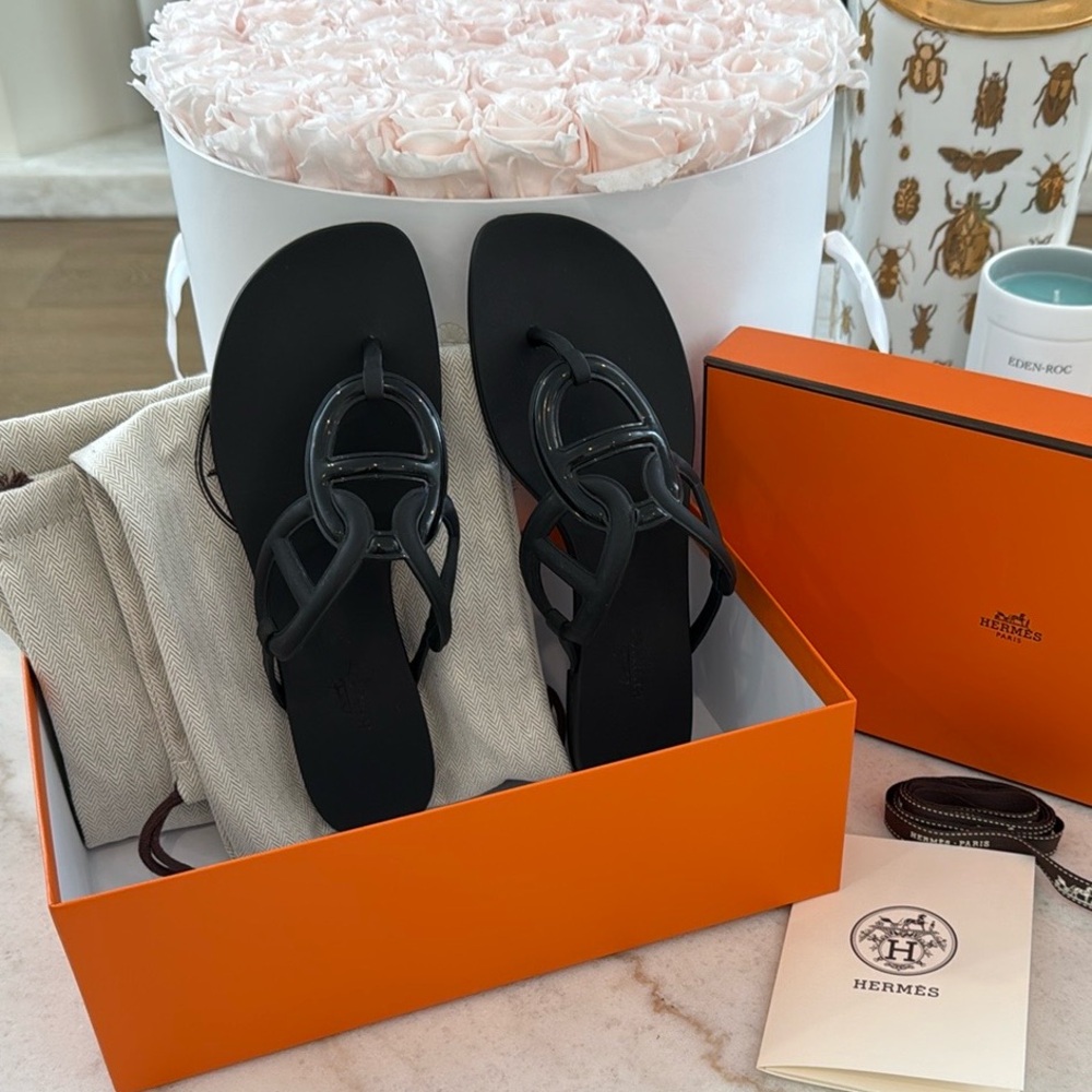 Hermes Egerie Black Leather Slide Sandals